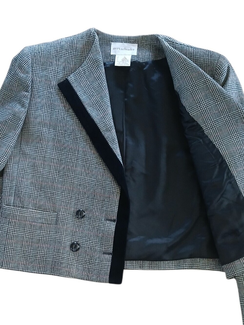 Vintage Luxury Mort Schrader Blazer Jacket Houndstooth Crop Velvet Trim Wool 6